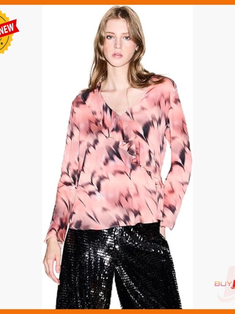 Viscose V-Neck Blouse with Abstract Print and Ruffles